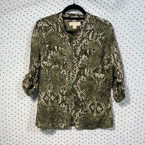 Michael Michael Kors Green & Beige Semi Sheer Button Up Tab Sleeve Blouse